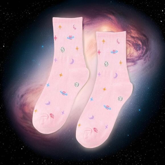 New‎ Galaxy Glam Pink Planet Crew Socks Pastel Print Novelty Space Alien Cute - Picture 3 of 3